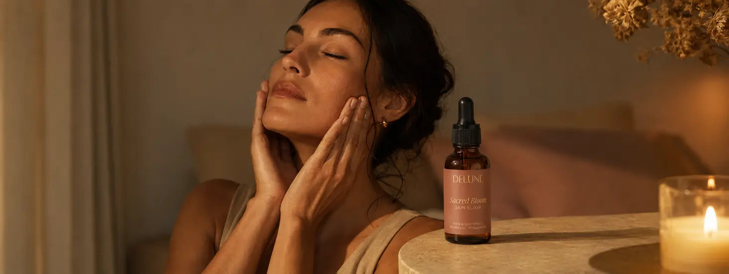 امرأة بالغة تربّت Sacred Bloom Skin Elixir على بشرتها ضمن روتين مسائي