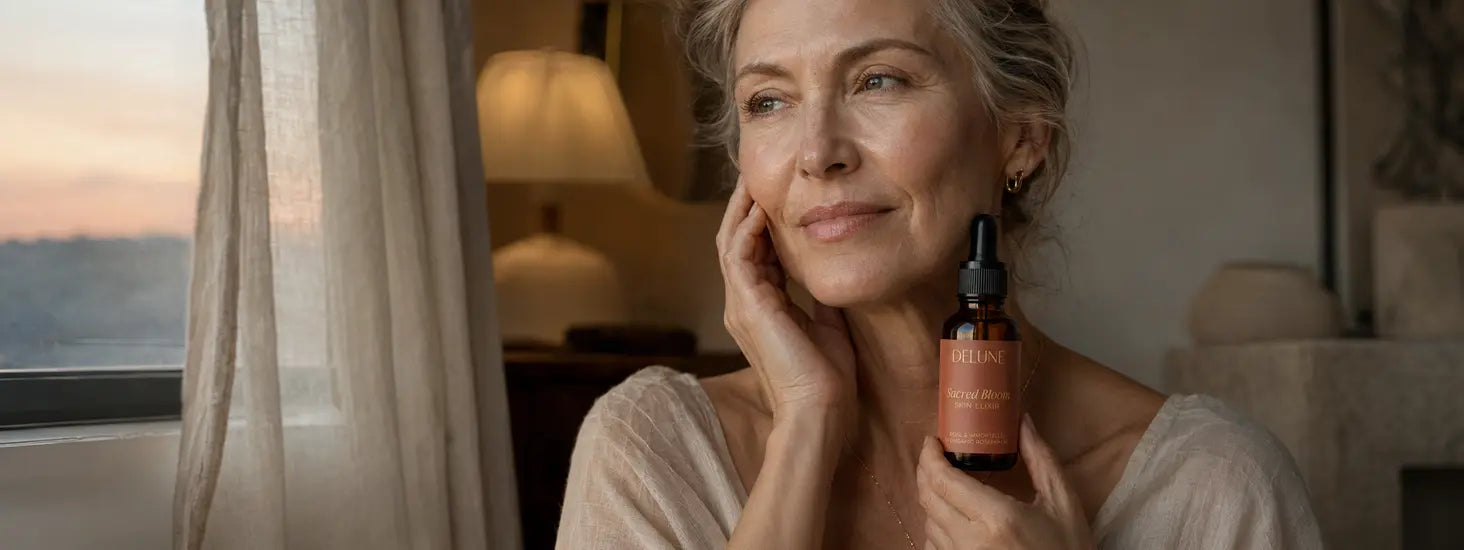 امرأة بالغة ببشرة ناضجة ذات ملمس طبيعي تحمل Sacred Bloom Skin Elixir عند الغروب