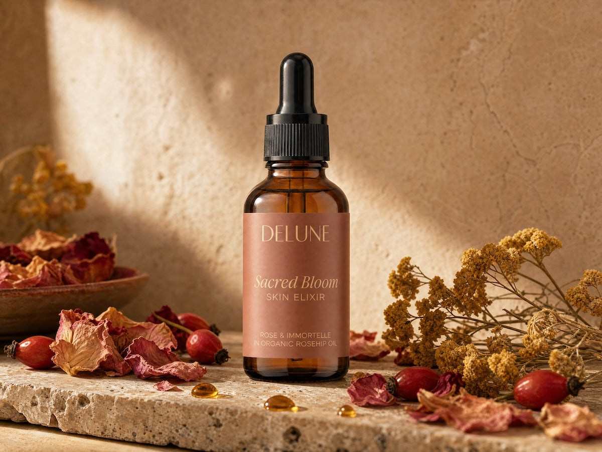 Sacred Bloom Skin Elixir مع بتلات الورد الدمشقي وزهور الخلود وثمار الورد البري